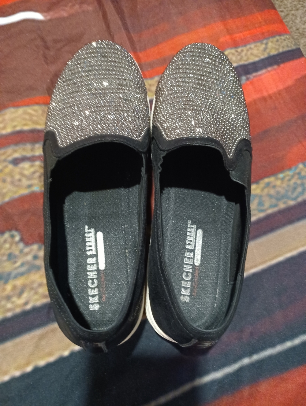 Skechers Street Black Slip-On Flats with Sparkling Rhinestone Toe